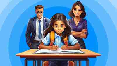 A young girl sits at a desk with teachers and parents behind her, exhibiting behavioral Interventions for students with ADHD