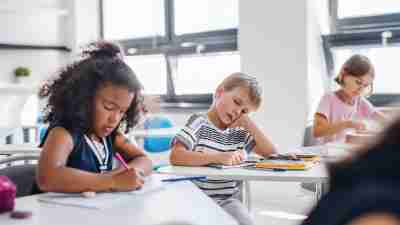 A small tired school boy sitting at the desk in classroom, sleeping. He may need a functional behavior assessment and behavior plan.