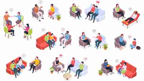 People at psychotherapy session, psychologist counseling for family couples and kids, vector isometric design. Psychologist doctor and patients in couch at psychology therapy talking about problems