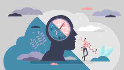 Illustration showing the side profile of a person with an analog clock in the middle of the person's head to convey delayed sleep phase syndrome, a circadian rhythm disorder that disproportionately impacts individuals with ADHD.