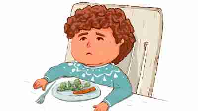 illustration of a disgruntled child sitting at a table with a plate of broccoli and carrots. Picky eater not eating healthy dinner