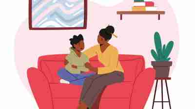 Mother Comforting Child Sitting on Sofa in Living Room. Mom and Son Talking of Problems, Parent Character Support and Embrace Boy. Loving Relations, Parenting. Cartoon People Vector Illustration