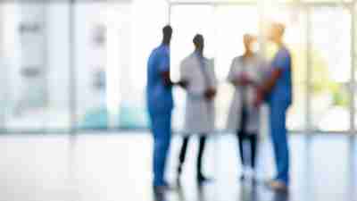 Blurred shot of a team of doctors standing together in a hospital