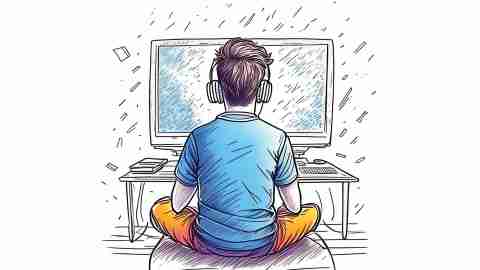 An illustration of a young boy with ADHD wearing headphones playing a video game, ignoring screen time and after school routines.