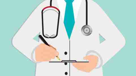 Medical professional in suit writing medical records to the clipboard, cartoon character vector illustration.