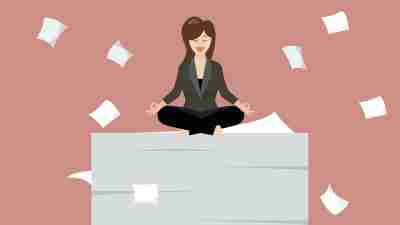 a young woman with ADHD sits on a stack of paper, productive and calm at her first job