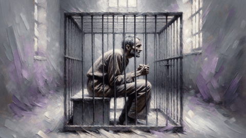 Man sits in a cage in an empty room to represent boredom.