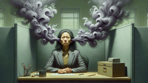 Asian-American woman sits at office desk, in cubicle, intensely bored, with smoke coming out of her ears,