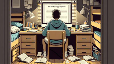 Flat design illustration of a college student sitting at a desk in their dorm room, viewed from behind. The focus is on the computer screen, which displays the humorous message 'This draft is crappy on purpose.' The student is using a strategy to overcome writer's block so they can finish their college essay. The surrounding desk is cluttered with open books and scattered papers, implying a rigorous study and writing process. The room is depicted in simple and stylized forms, typical of flat design. Image generated by AI.