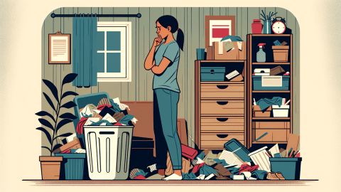 person in a cluttered room, looking sad, concerned, and anxious about decluttering.