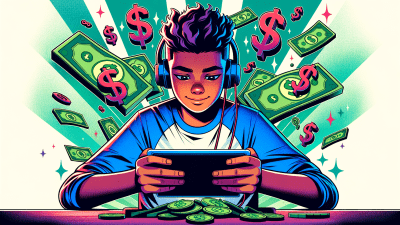 A teenage boy playing a video game on his tablet, surrounded by stylized dollar signs signifying in-app purchases. Image generated by AI.