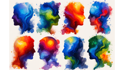 A collection of nine colorful silhouetted profiles, each painted in a vibrant, flowing watercolor style to represent ADHD and intense emotions. The varying colors from deep blues and purples to fiery reds and oranges visually depict the fluctuations and intensity of emotions felt by individuals with ADHD. Image generated by AI.