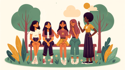 A group of young girls hanging out at a park, supporting each other. It is designed using flat design principles, featuring simplified, stylized forms and a vibrant color palette. Generated with AI.