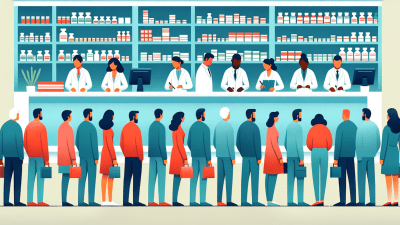 Flat design illustration of a vibrant and busy pharmacy, showing pharmacists preparing medications behind the counter while several people wait in line. The scene is colorful with shelves stocked with health products, utilizing a blur effect to convey motion and activity. The DEA classifies stimulants as Schedule II substances for their “high potential for abuse," but this way of framing ADHD medication may be the reason for ongoing shortages. Image generated by AI.