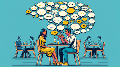 casual restaurant scene where two people are on a date. In the image, one individual is talking excessively, showcased by multiple speech bubbles, while the other is listening silently. The artwork incorporates elements of flat design and comic book style. Image generated by AI.