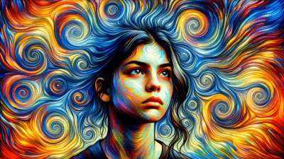 An AI-generated illustration of a teen girl with swirls of thoughts around her head depicting her obsessions and compulsions related to OCD.