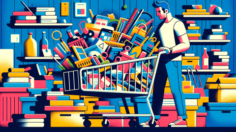 A stylized illustration of a man with a shopping cart chock full of disparate items.