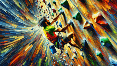 The image features a vivid post-Impressionist style depiction of an individual actively climbing an indoor rock wall. Thick, sweeping brush strokes dominate the composition, creating a sense of movement and tension. The climber, dressed in a brightly colored shirt, is shown in a dynamic pose, reaching strenuously for a hold. The brushwork is dramatically expressive, highlighting the climber's exertion and the vivid contrast of colors. The background is an explosion of diverse textures and bold colors, enhancing the visual impact and emphasizing the climber's interaction with the challenging environment. Generated by AI.