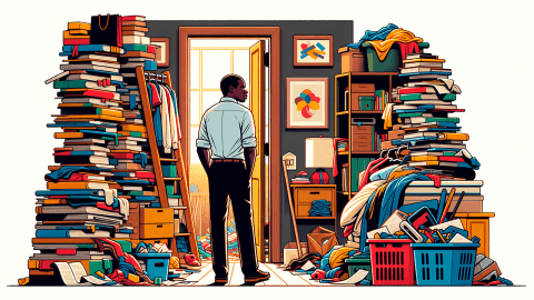 A man with hoarding disorder looking worriedly at the cluttered state of his bedroom as he walks out. Image generated by AI.