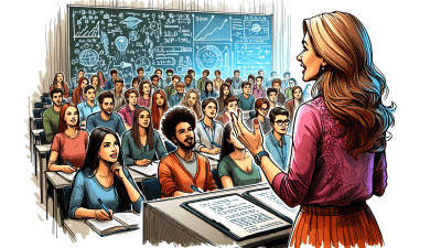 An engaging illustration of a female college lecturer. She stands energetically in front of a lecture hall filled with captivated students, demonstrating that her ADHD enhances her dynamic, creative approach to teaching. Her hands are animated as she explains concepts, with a laptop open and notes laid out on a table in front of her. The blackboard behind the class is filled with diagrams and notes. This image showcases how ADHD can enrich teaching methods, bringing vibrant energy and innovative perspectives to educational settings. Image generated by AI.