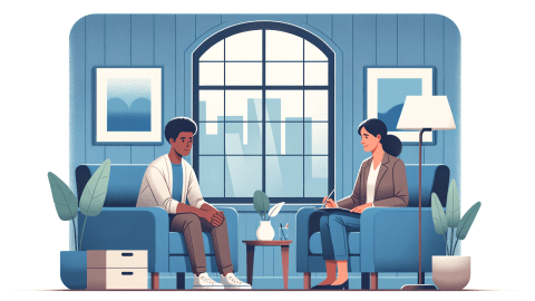 A therapist and patient in a session. Image generated by AI.